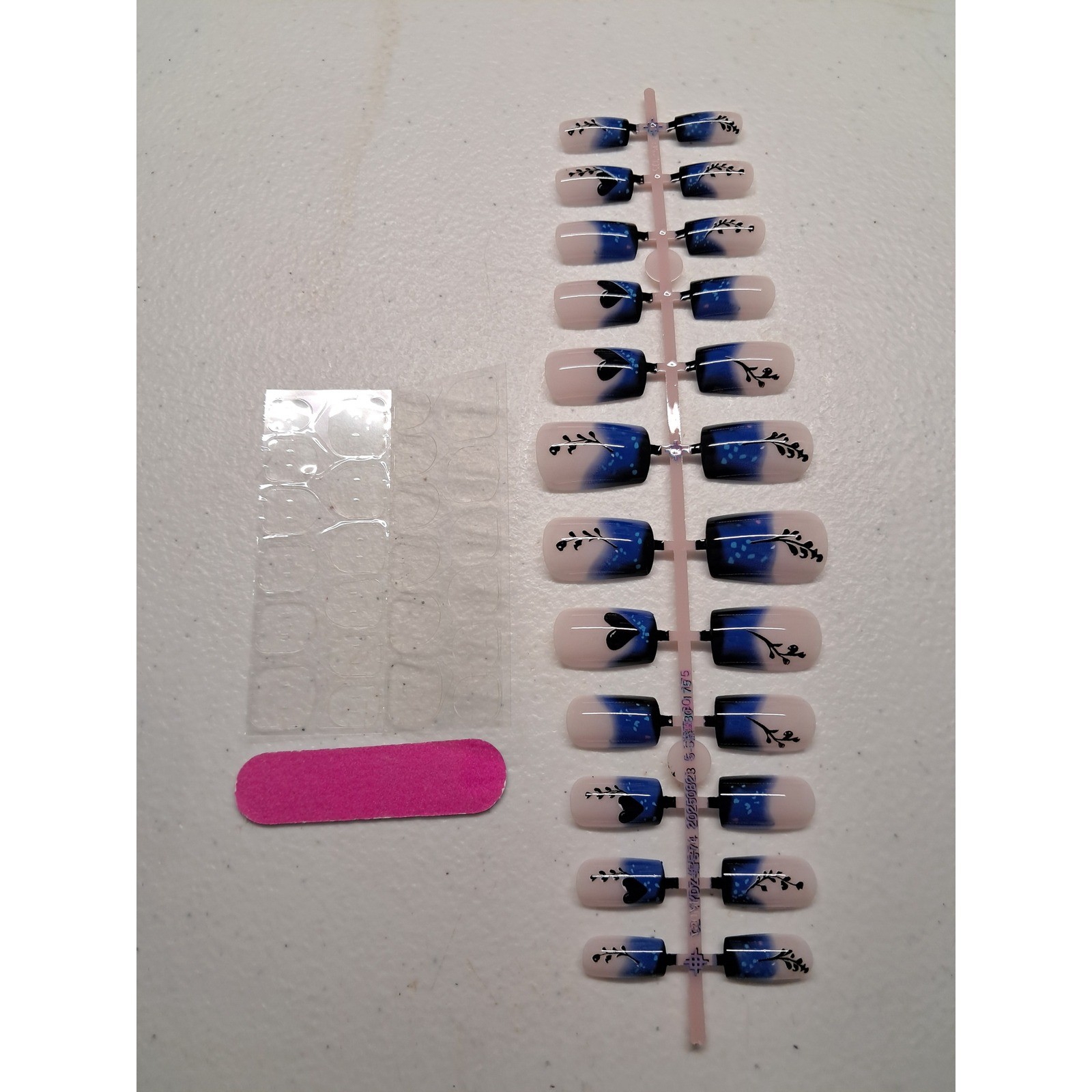 24pc Blue Black Ombre Press On Nails Square Floral Heart Design Manicure Kit