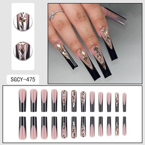 Square Press on Nails Long Fake Nails Extra Long Black Artificial Nail B0326-19