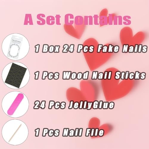 Pink Press on Nails Short Almond Fake Nails 3D Heart Pearl Bow Fake Nails-1