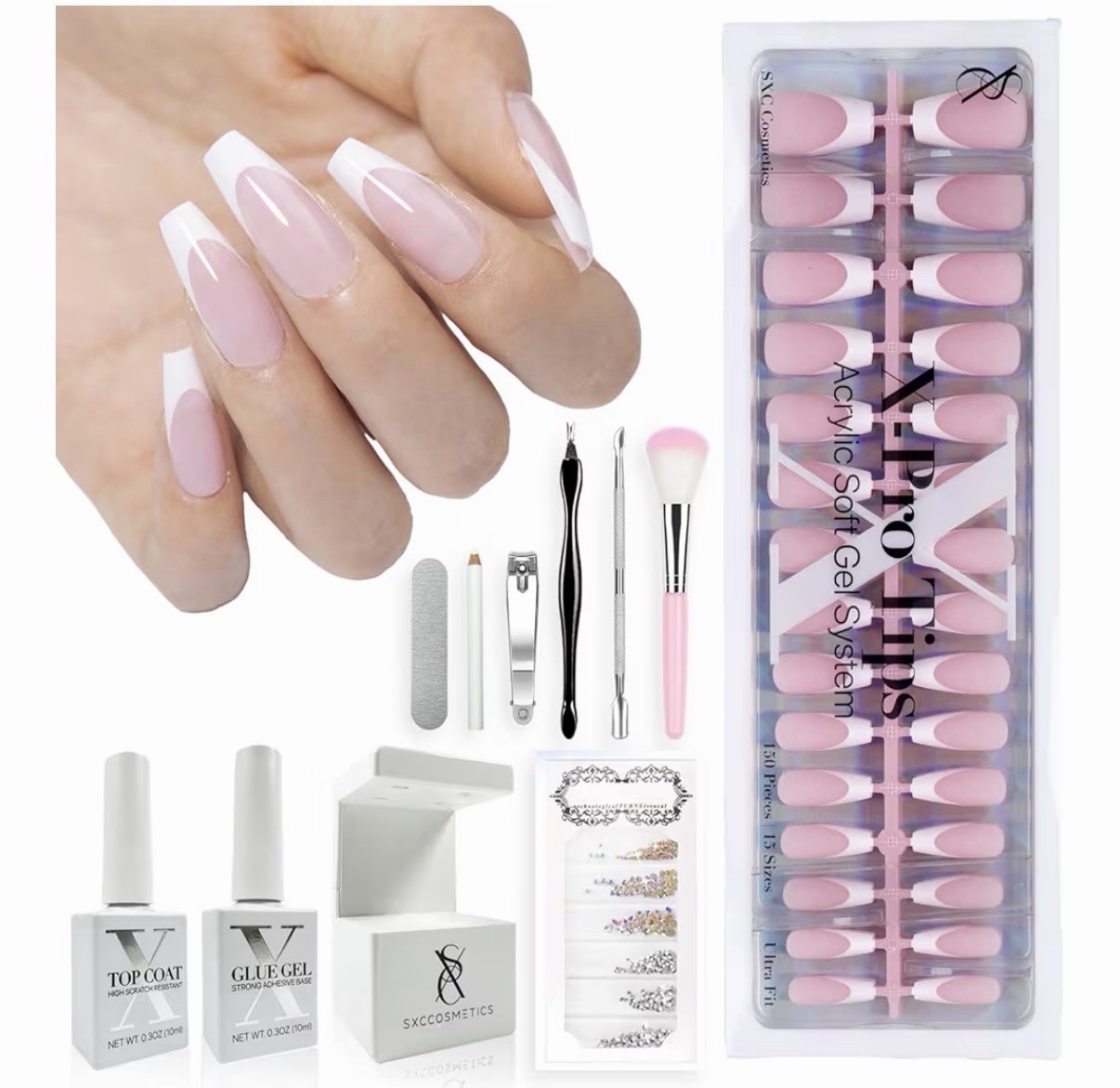 Pink French Tip Press-On Nails Starter Kit – Medium Square X-Pro Tips