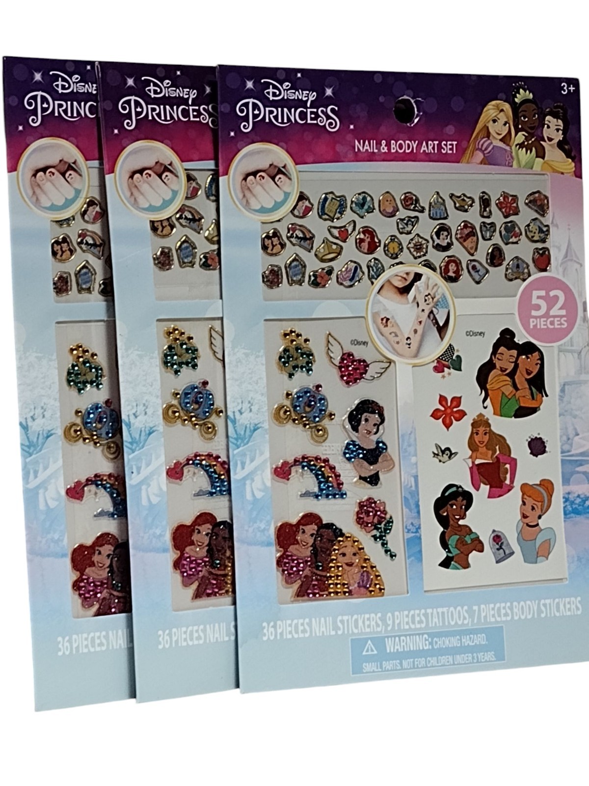 3 Disney Princess Kids Cartoon NAIL BODY STICKER ART SET Temporary Tattoos Decal