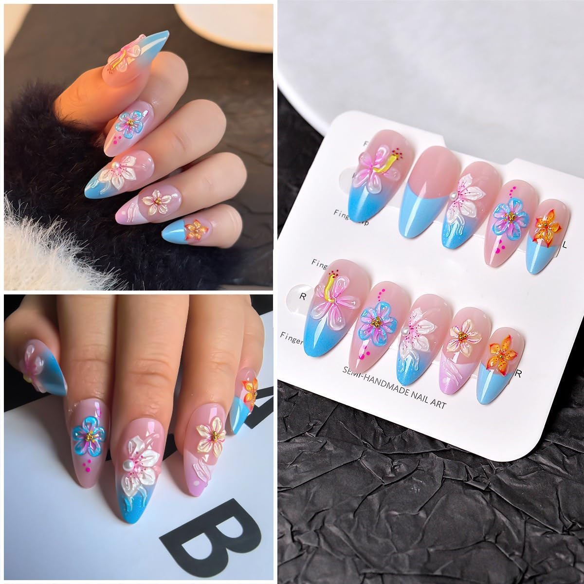 24Pcs 3D Flower Press on Nails Medium Almond French Tip Fake Nails Tropical Flor