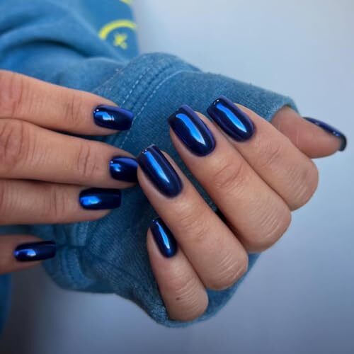Mirror Metal Royal Blue Press on Nails Medium Short Square square royal blue