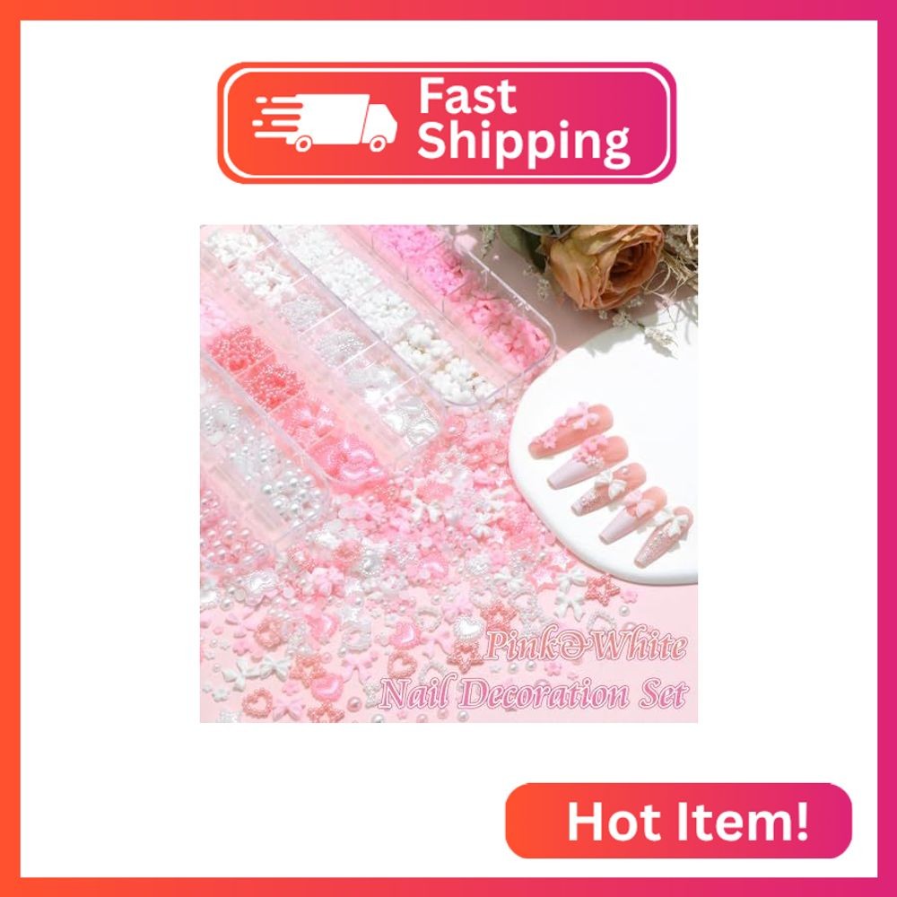 RODAKY Flower Nail Charms 3D Bow Charms for Nails Pink White Flatback Pearls Cut