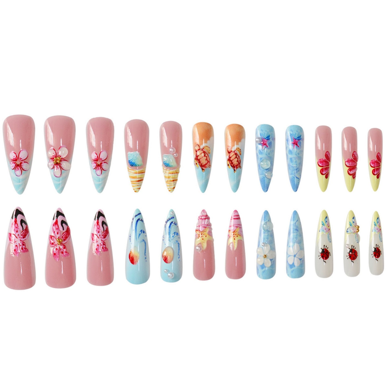 3D Ocean Almond Nails with Shell Starfish Turtle Floral Decor