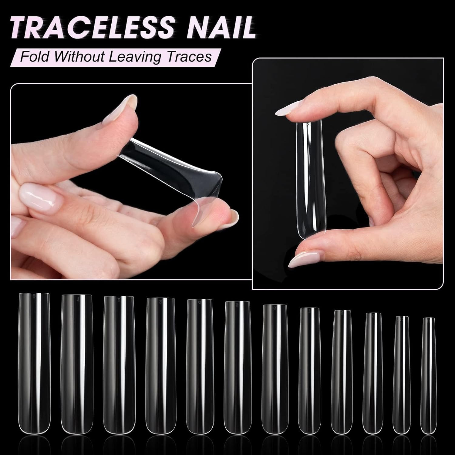 Nail Tips Full Cover Clear Square Acrylic Fake Nails Set 240PCS 12 Sizes Boxed