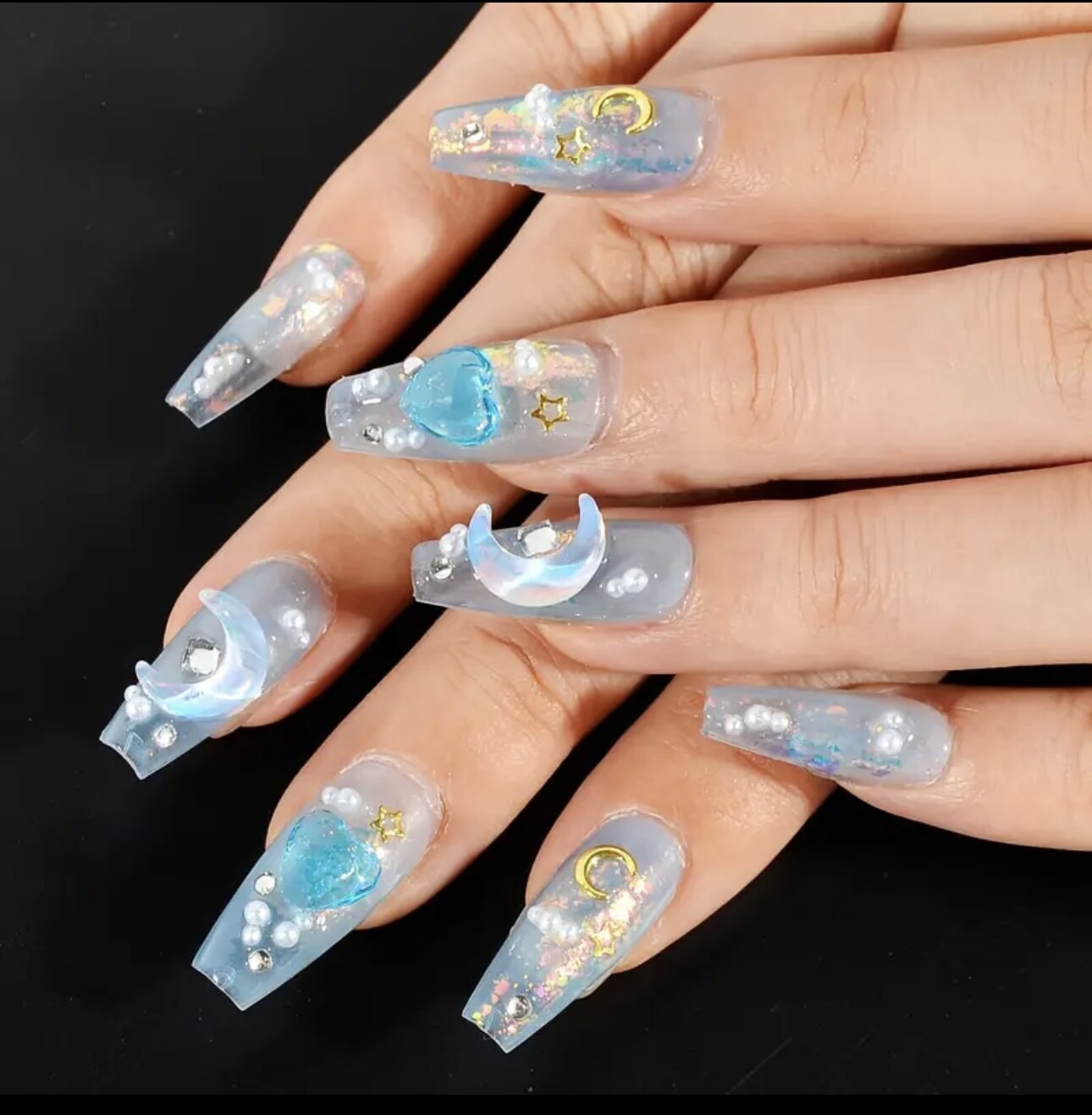 10 Piece 3D Reusable Handmade Press On Nails Set Blue Paradise