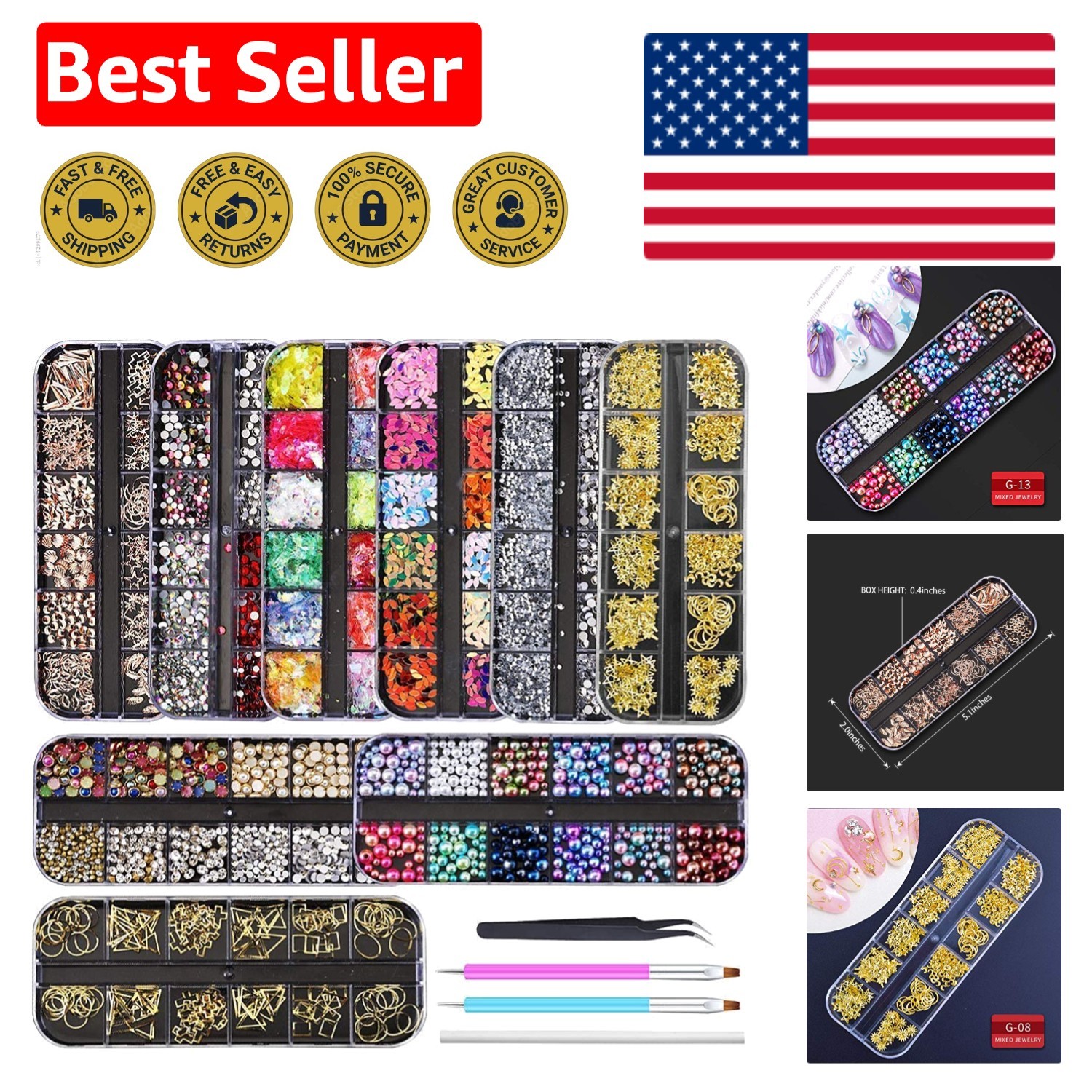 Complete Nail Art Rhinestones Set – 9 Boxes of Gems & Tools for Stunning Designs