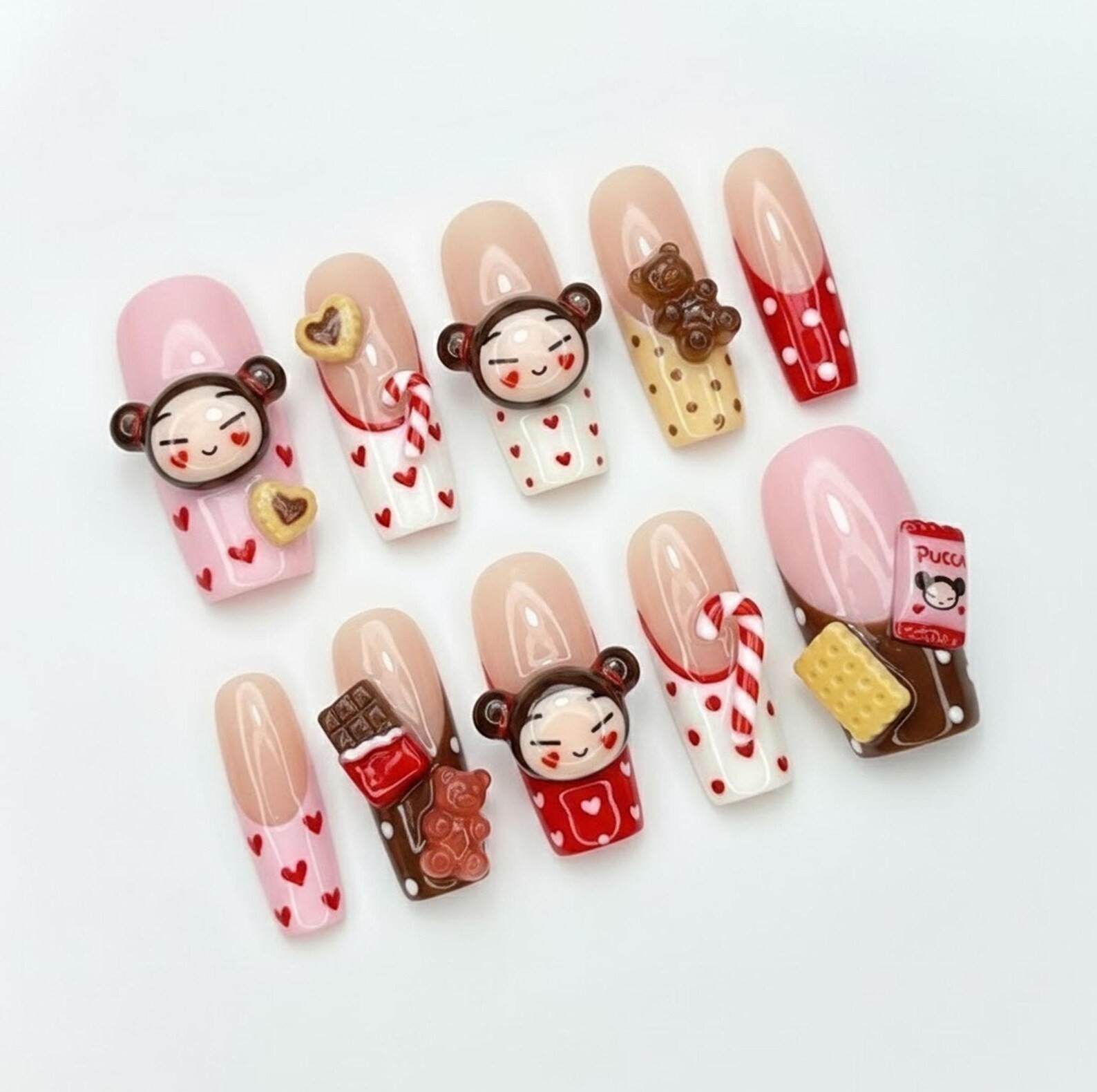 Handmade Pucca Cartoon Candy Cookie Heart Long Square Press on Nails Set