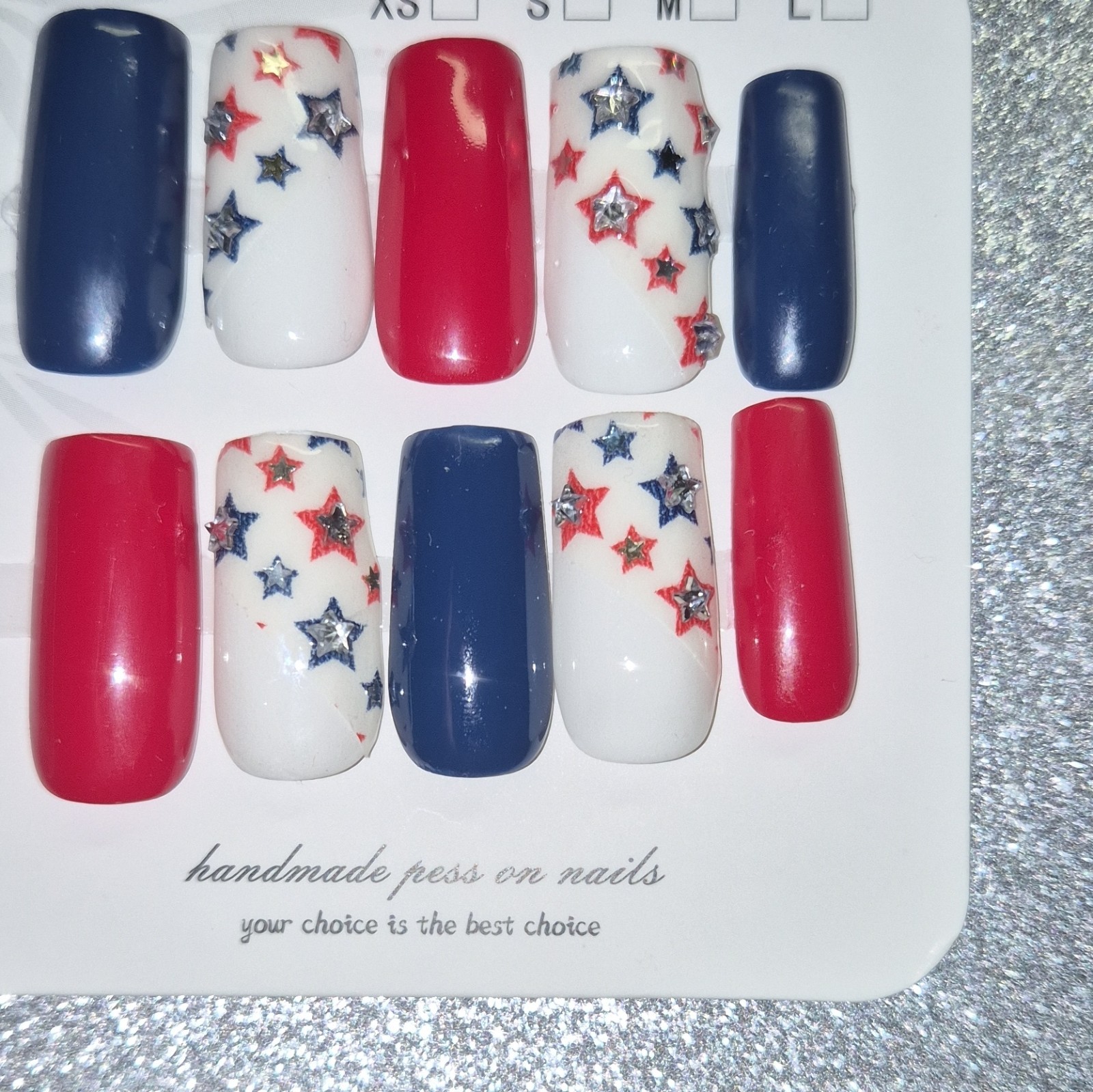 Red White Blue Shiny 3D Star Press-On Nails Set Pre-Designed Full Cover