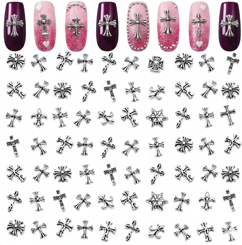 100 Pcs Gold Cross Nail Charms, 3D Metal Alloy, 8 Styles, Mixed Sizes | Gold Cro