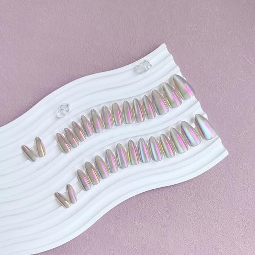 Cat Eye Press on Nails Almond, Glitter Chrome cateye almond chrome rainbow