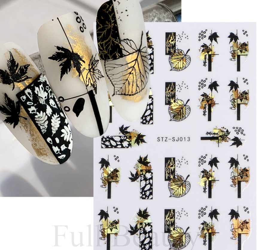Nail Art Water Decals Stickers Gold Black Maple Leaf Fern Peel & Stick SJ13 NS45