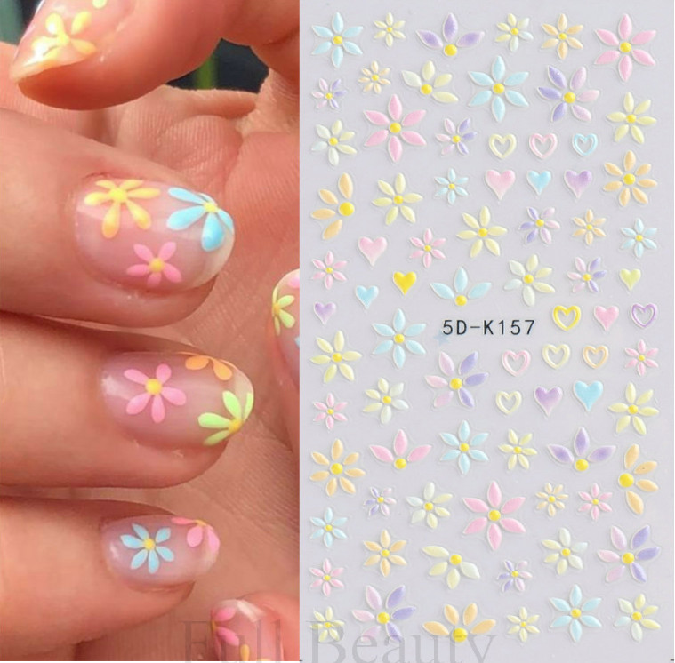 5D Nail Stickers Embossed Daisy Flower Bride Decals Nail Art Decoration DIY K157