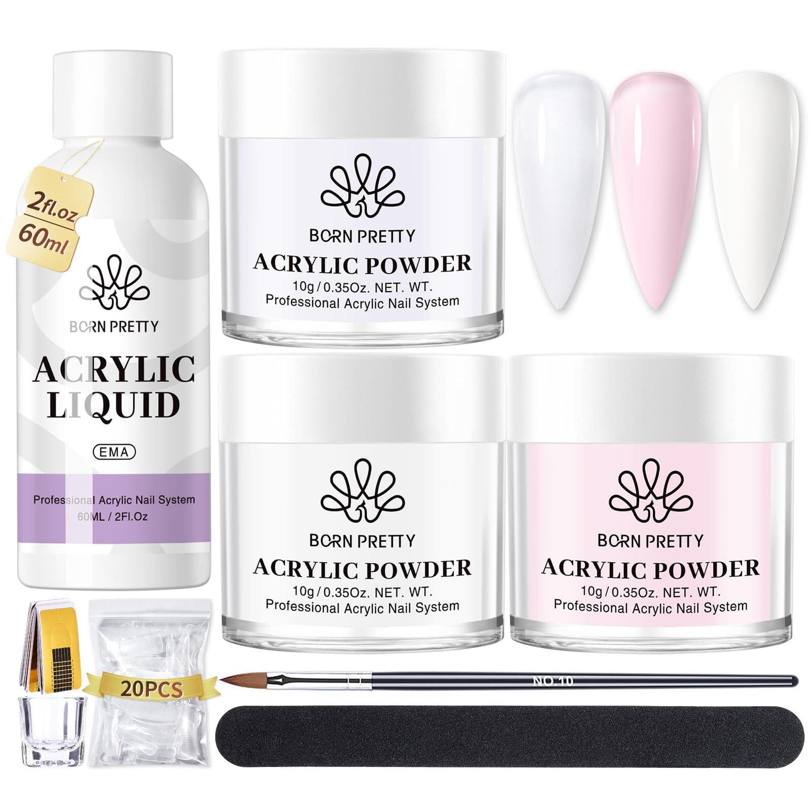 Born Pretty Acrylic Nail Powder Liquid Kit Clear White Pink