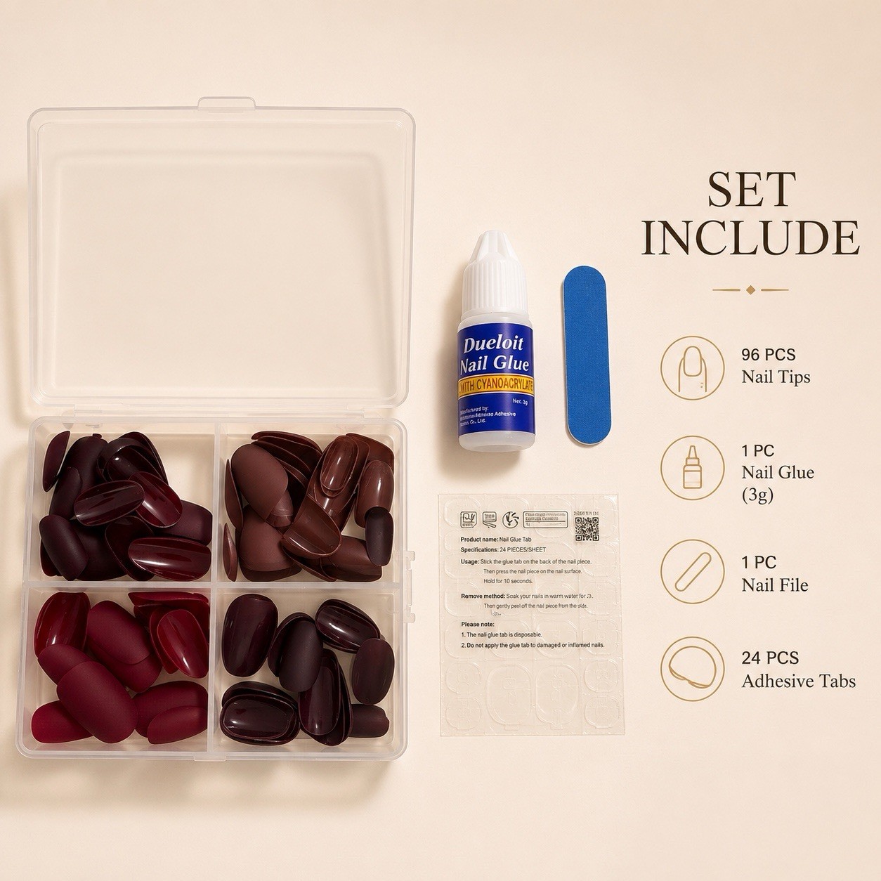 Matte Press On Nails Short Almond 96PCS Brown Burgundy Red Full Kit Reusable