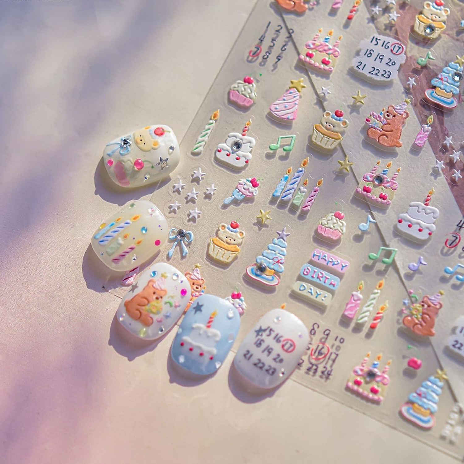 Birthday Nail Stickers Cake Nail Art Decals Candle Star Bear Bow Nail Art Sti…