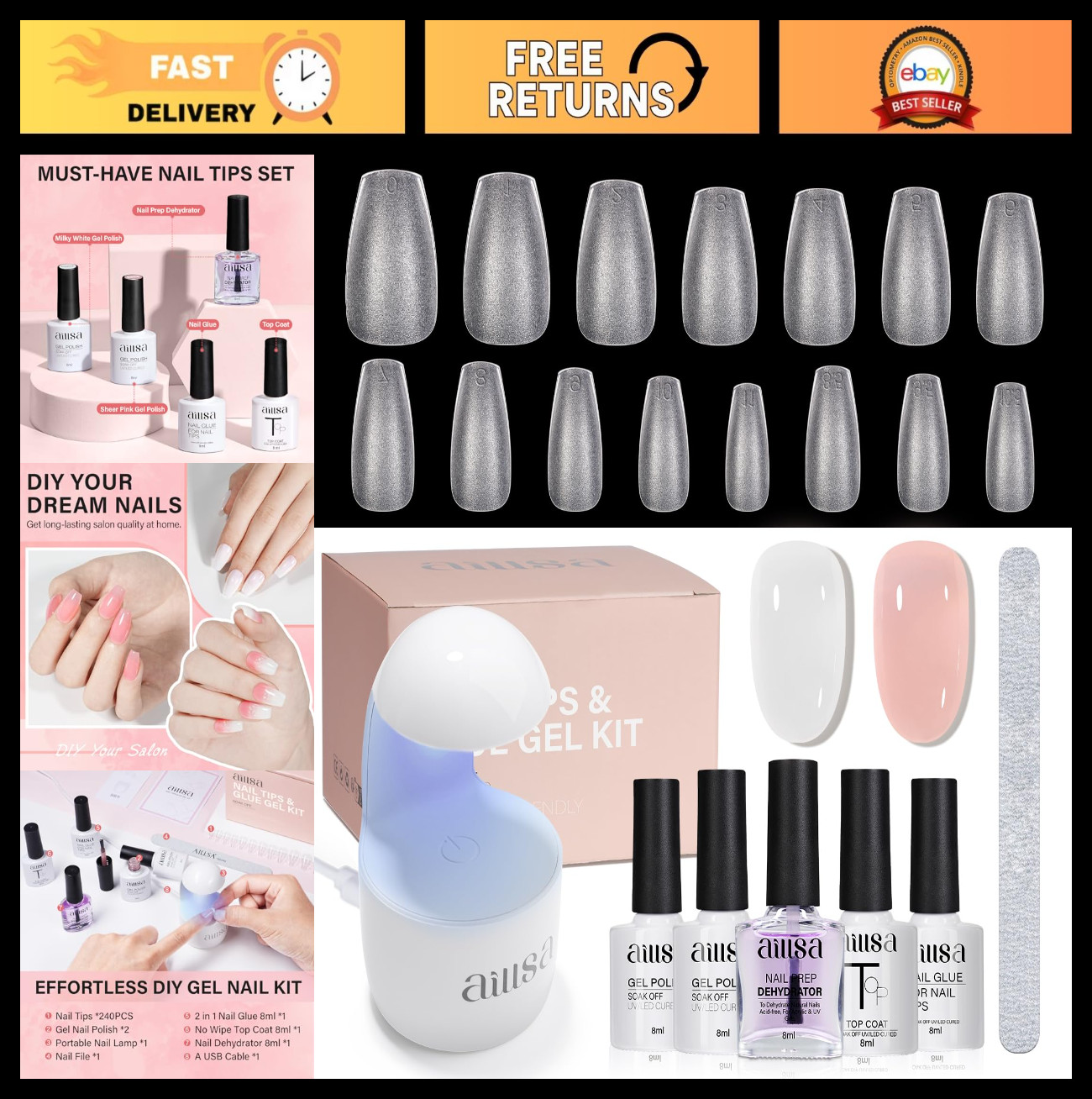 240pcs Short Coffin Nail Tips & Glue Gel Kit, 2-in-1 Base Coat, UV Top Coat, DIY