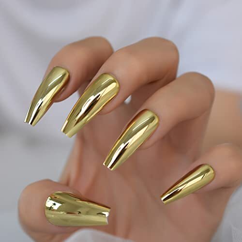 Coffin Medium Uv Gel Reusable Fingernails Glossy Soild Color Golden Press On
