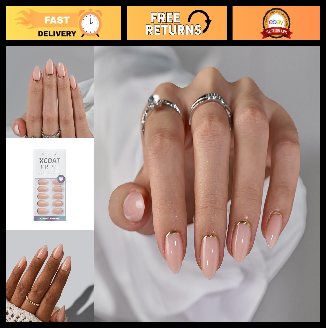 Almond Press On Nails Kit – Short Gold Foil Soft Gel Glue-On Nails, 32 Pieces, 1