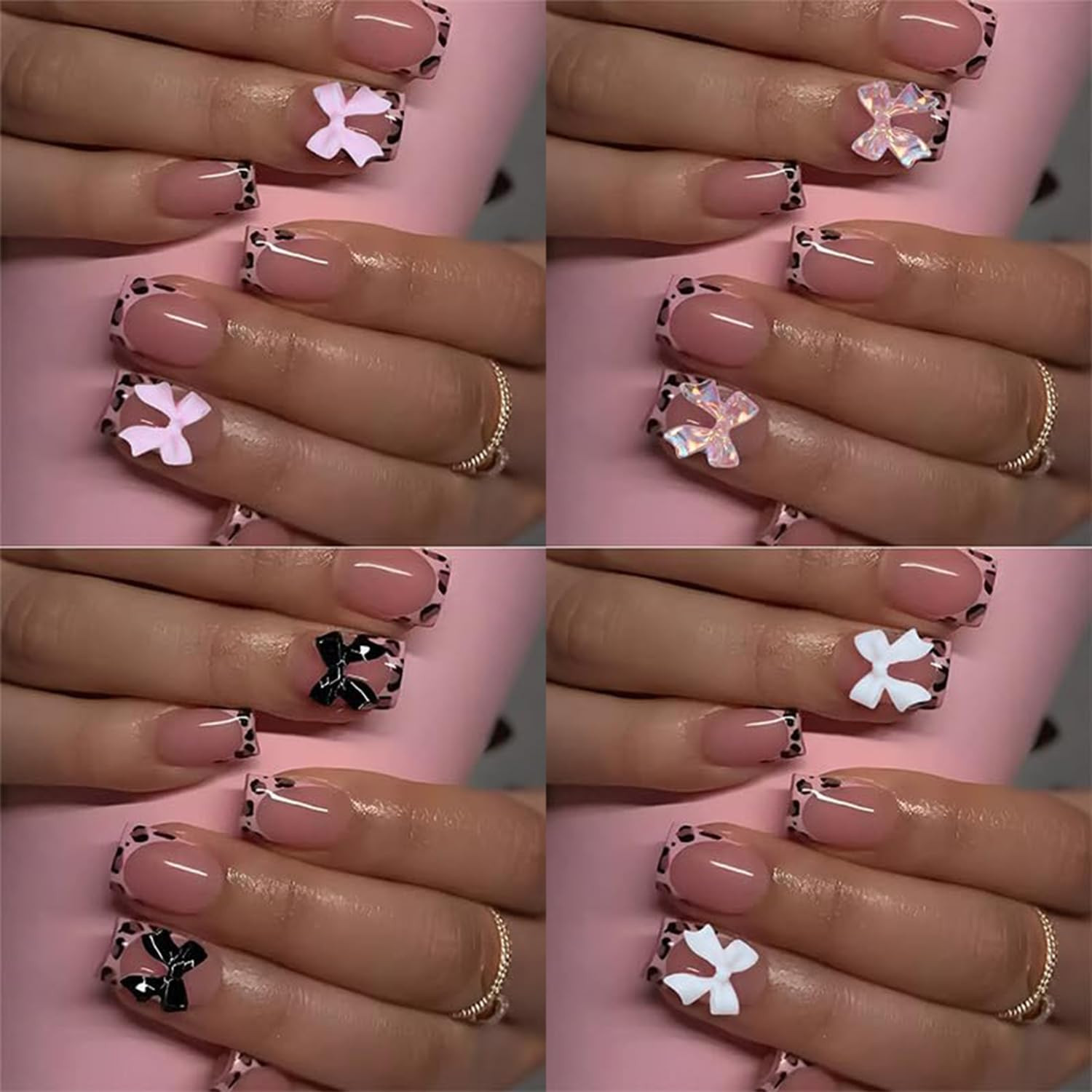 4Packs 96Pcs Pink French Tip Press on Nails Shrot Square Fake Nails with Bow Des