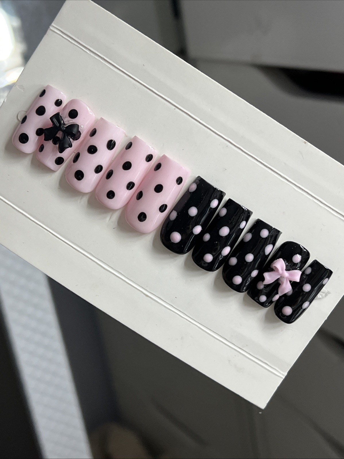 🌸 CUSTOM Press On Nails PINK BLACK POLKA DOTS BOW 10p SET W Kit