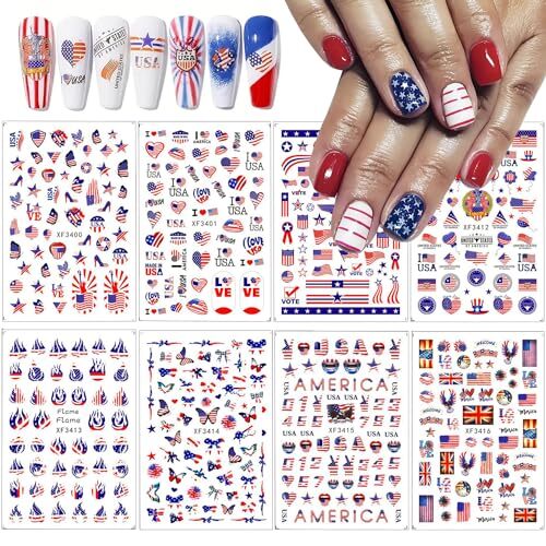 4th of July Nail Art Stickers, 8Sheets American Flag Patriotic Nail Decals