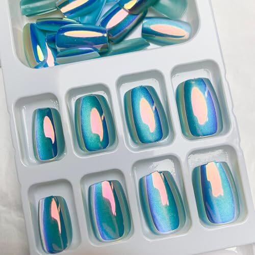 Blue Chrome Press on Nails Short Square Fake Nails 1 Fl Oz (Pack of 24) Style1