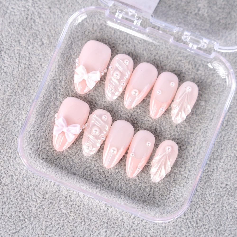 Handmade High Quality Almond Press On Nails Light Pink Pearl Bow Fake Nails S-L