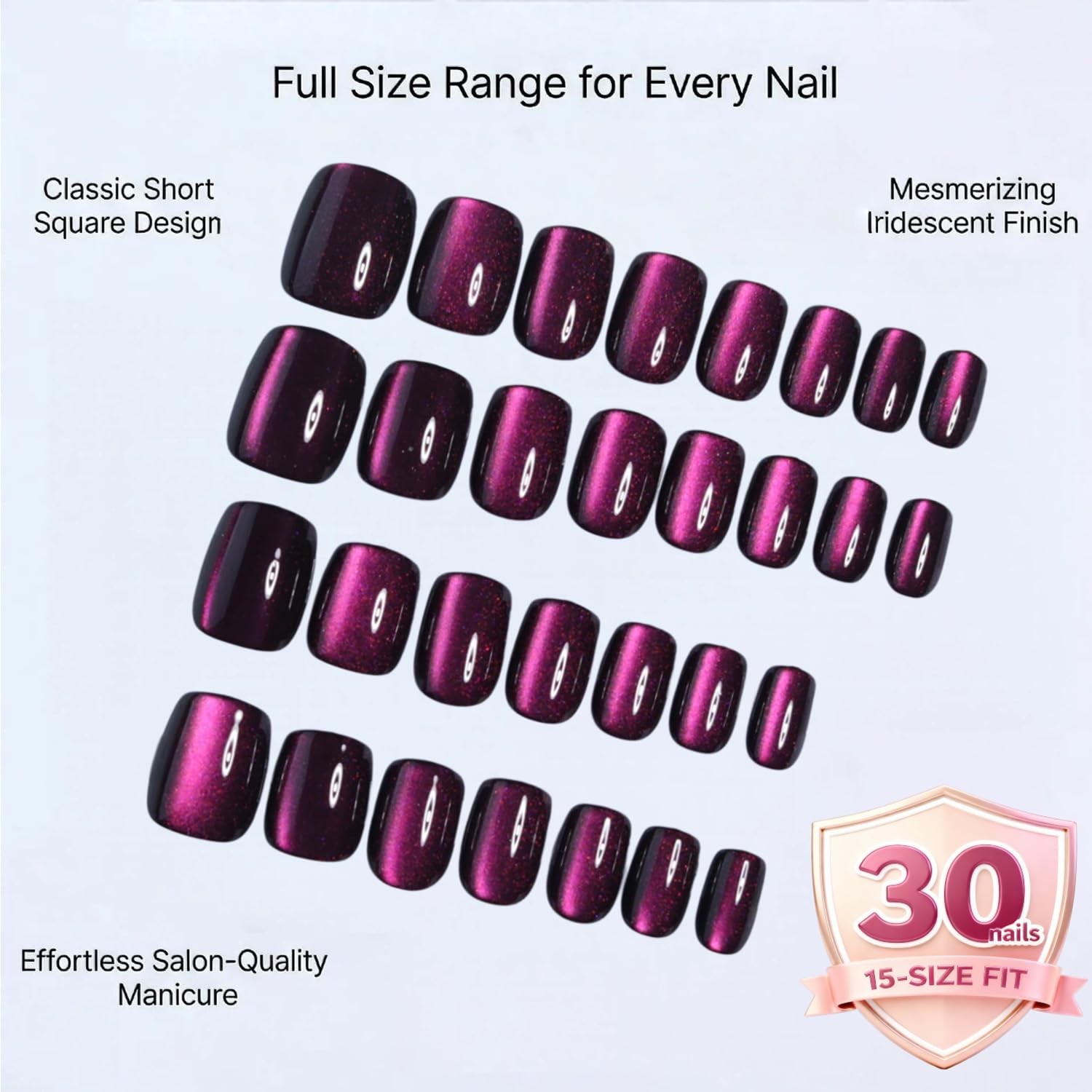 Purple Burgundy Cat Eye Press On Nails Short Square Soft Gel Fake Nails Reusa…
