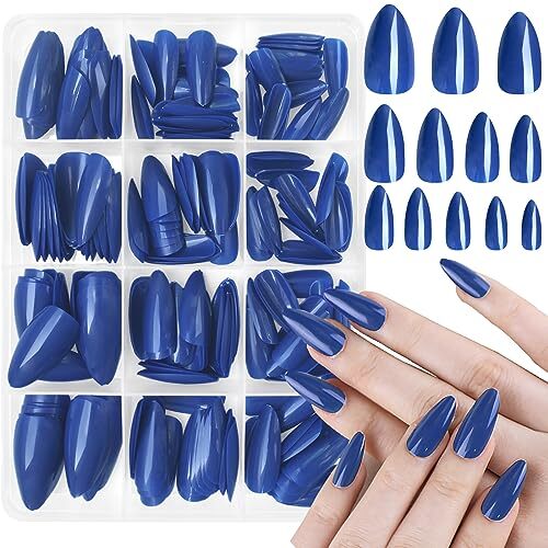 240pc Almond Press on Nails Medium Length Blue Fake Nail Tips Full Royal Blue