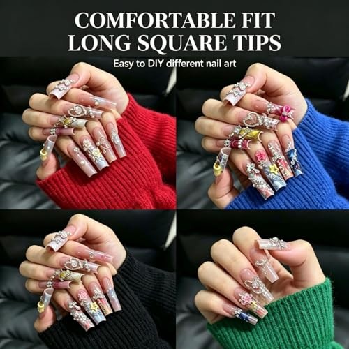 Long Square Nail Tips,240Pcs Clear Full Cover Soft Gel Nail 12 Sizes 02Clear