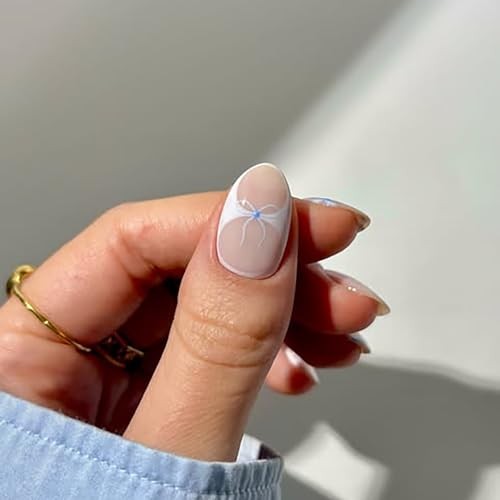 Short Almond Press On Nails Line Fake Nails Press Ons With Flower Bow design-4