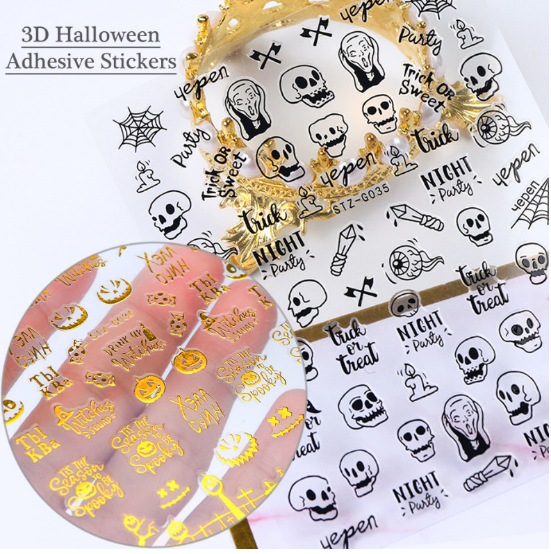 Nail Stickers Halloween Cross Bat Witch Pumpkin Skull Spider Decal DIY NH15