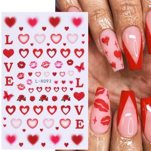 6 Sheets Red Heart Nail Stickers for Nail Art Valentines Nail Art Stickers 3D