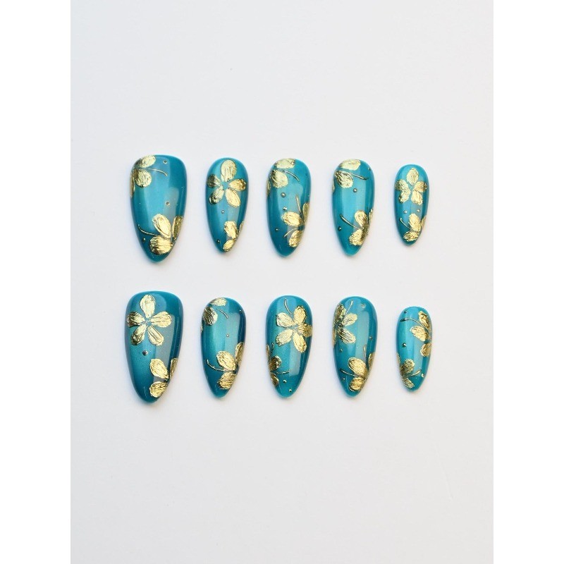 Custom Pure Handmade Nails Lake Blue Cat Eye Gold Flower Chinese Manicure
