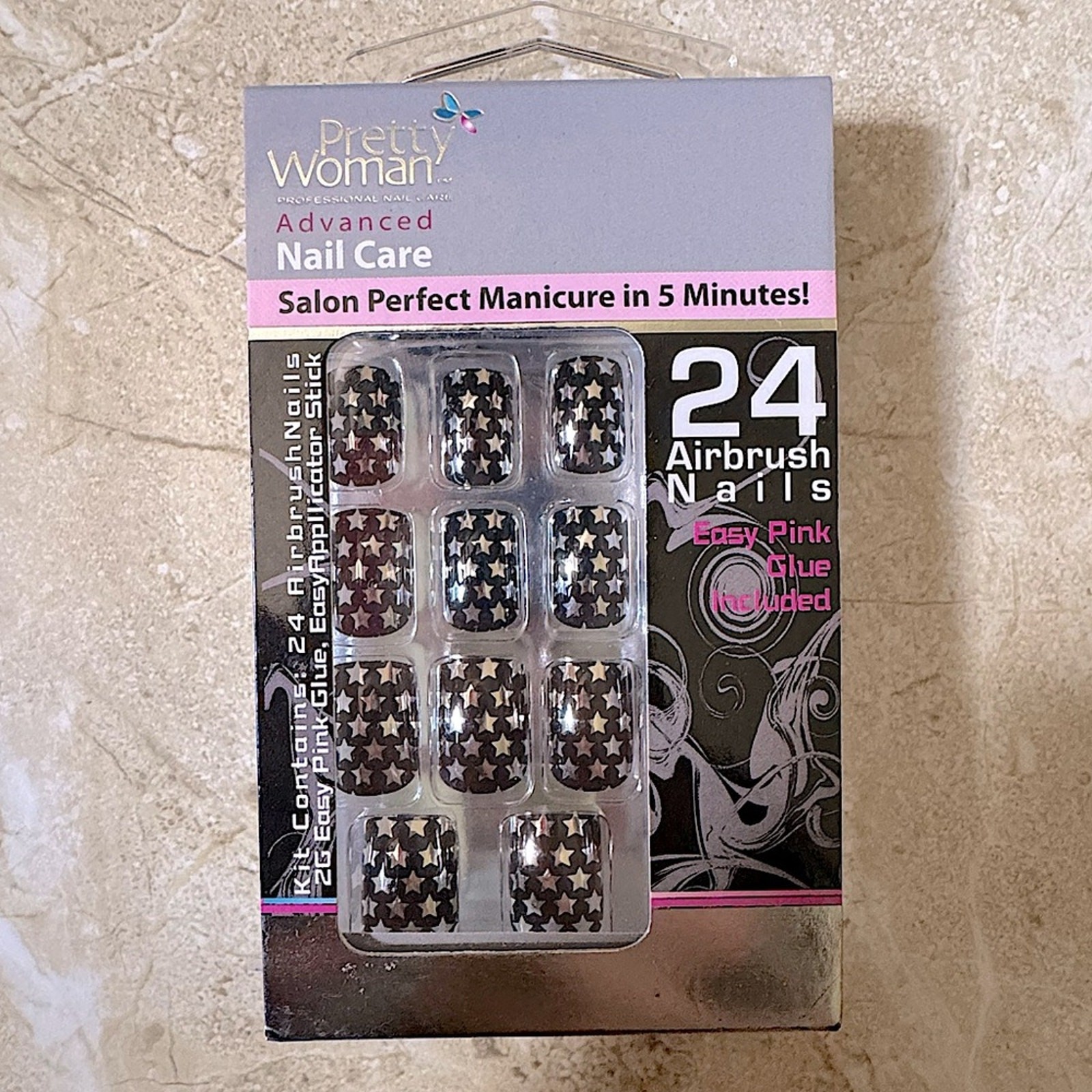 Pretty Woman Black & Metallic Silver Stars 24 Airbrush Press On Star Nails NEW