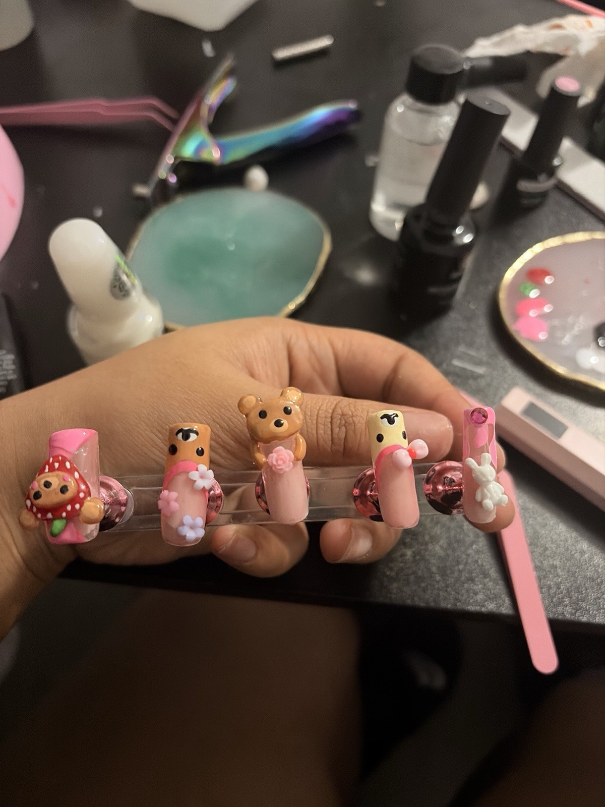 Pink Brown White 3D Bear Bunny Flower Med. Square Full Cover Press-On Nails Set