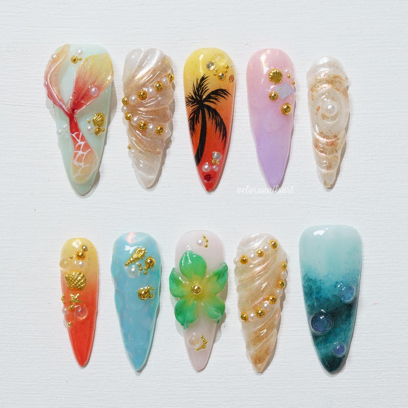Handmade Mermaid Tail Palm Tree Plumeria Shell Pearl Stiletto Press on Nails