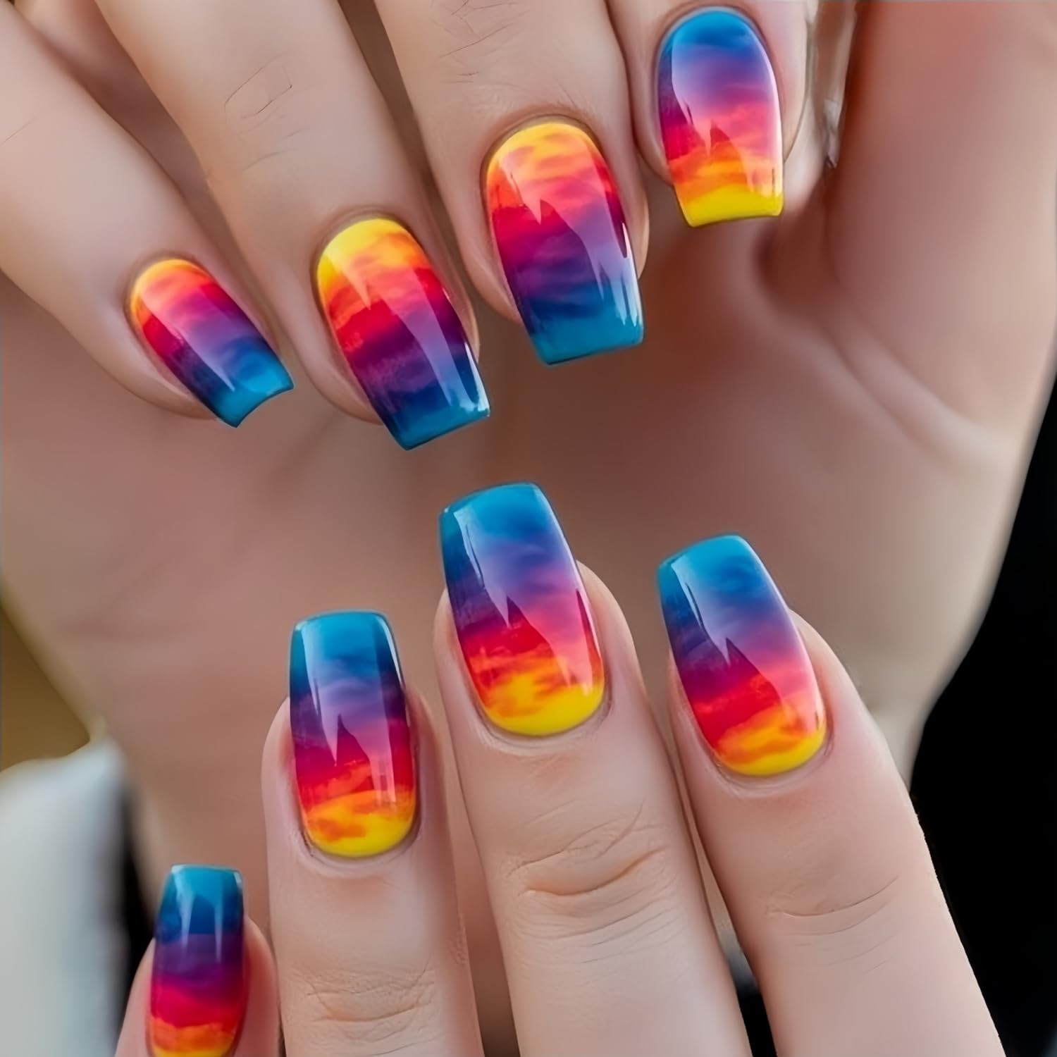 Short Press On Nails Square Fake with Sunset Blending Designs – Q21