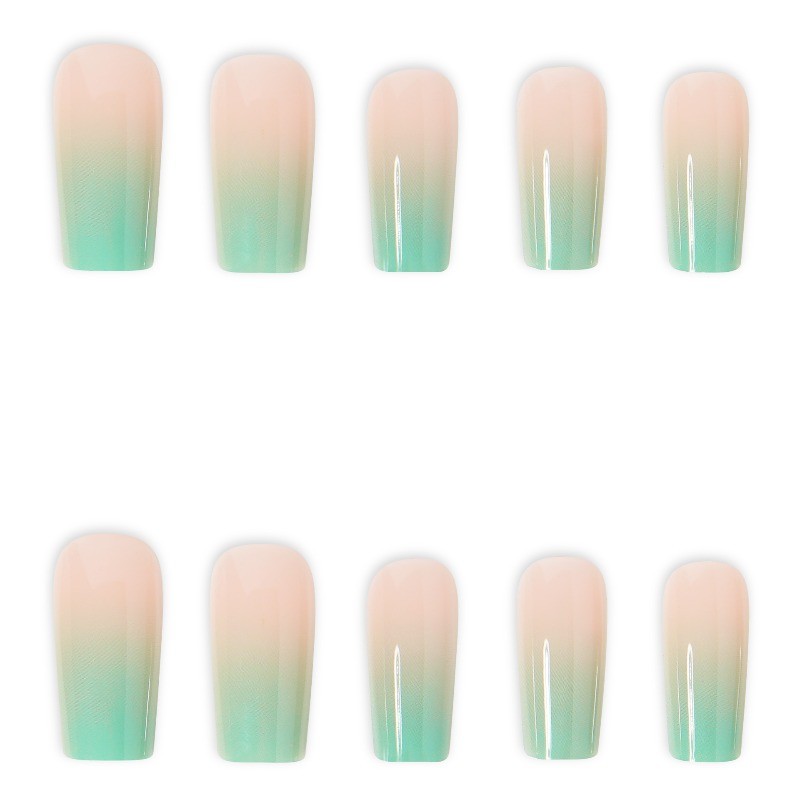 48pcs-Light Green To Nude Ombre Press on Nails, Long Coffin Acrylic Fake Nails
