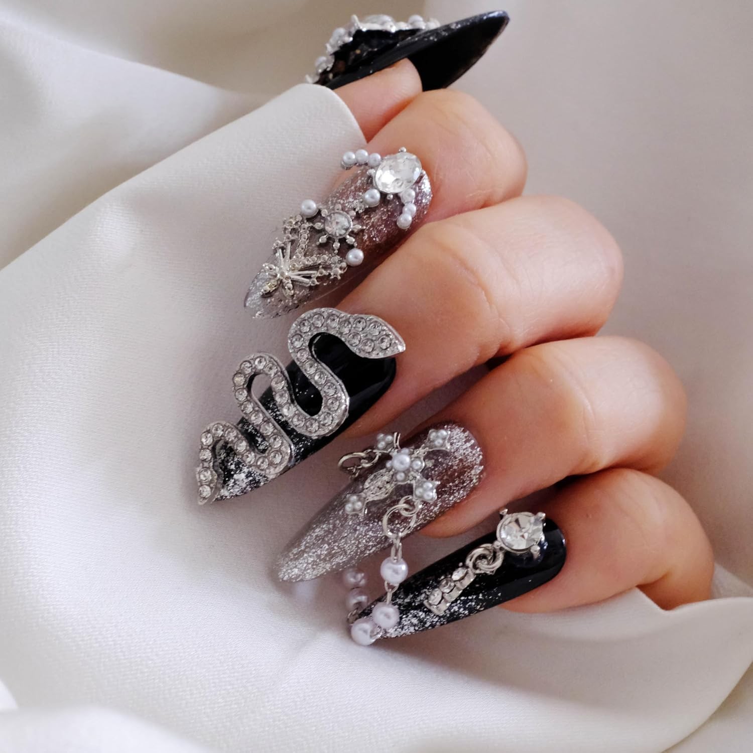 GLORS Luxury Long Almond Press-On Nails, Black/Silver Glitter, 10 Pcs