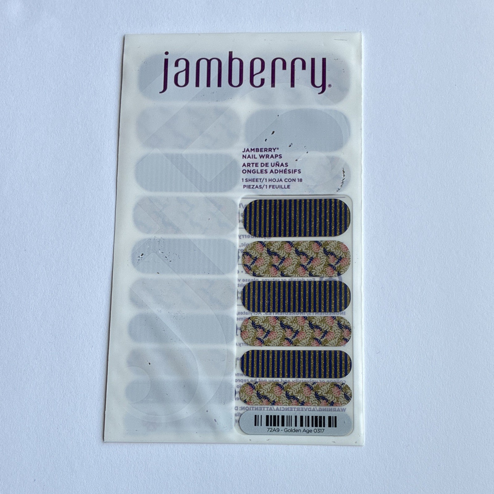 Jamberry 72A9 Golden Age Floral Glitter Press-On Nails Short Oval Blue/Gold