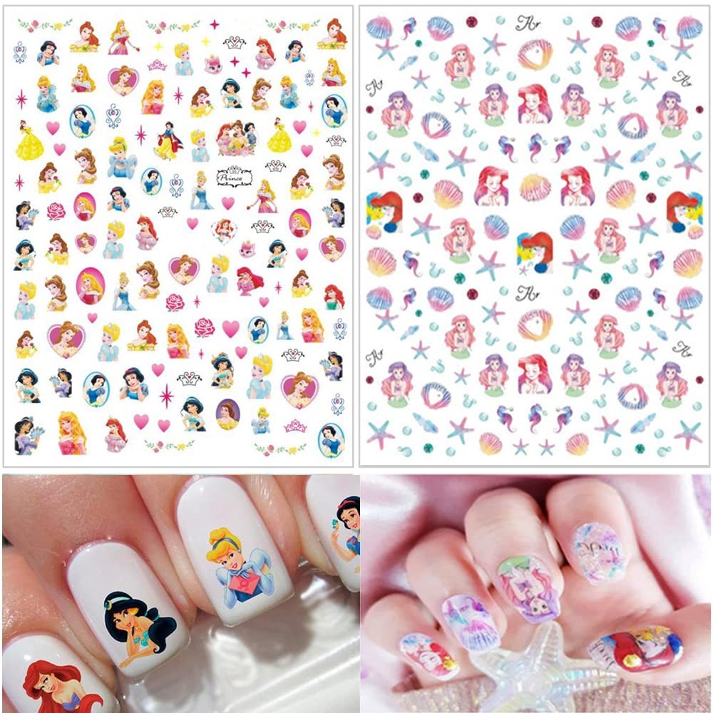 8 Sheets Cute Cartoon Nail Art Stickers Decals 3D Adhesive Kawaii Mermaid Des…