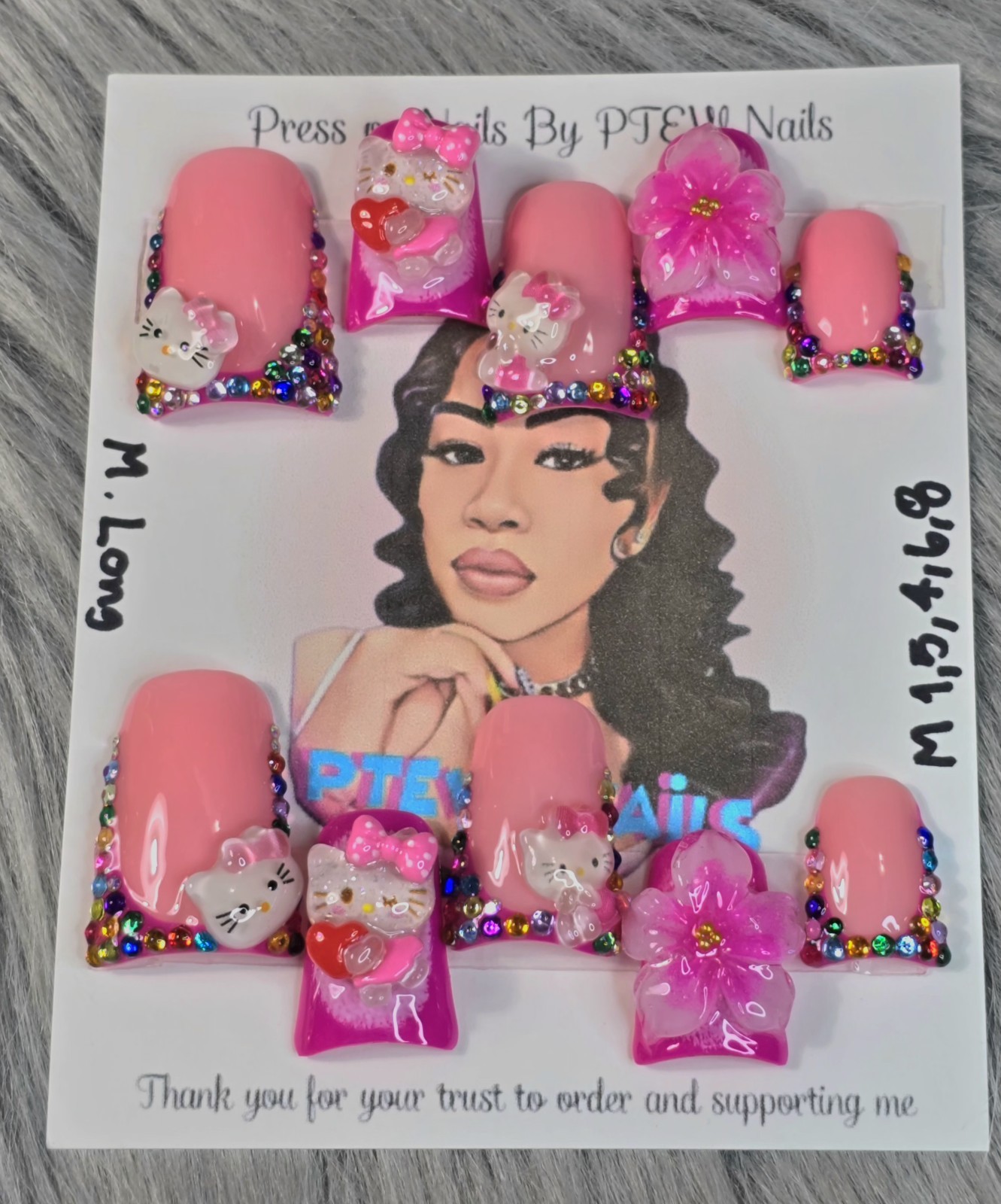 Handmade Press On Nails,LuxuryKitty Pink,Medium Size 1,5,4,6,8 M.Long Duck Shape