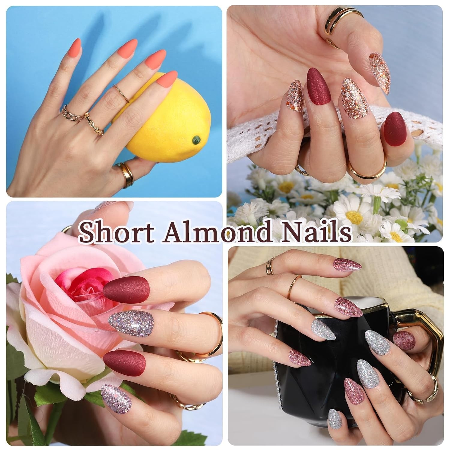 12 Sets of Short Almond Press On Nails with Glue & Nail File: 288PCS Variety