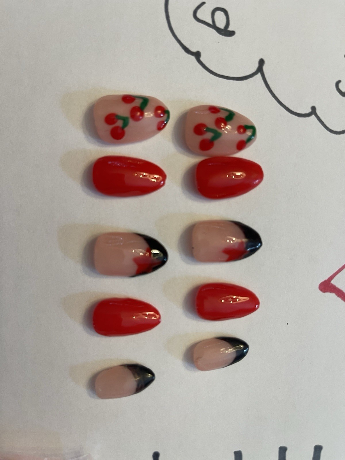 Cherry 3D Almond Press-On Nails Medium Acrylic Red/Nude, Glue Included