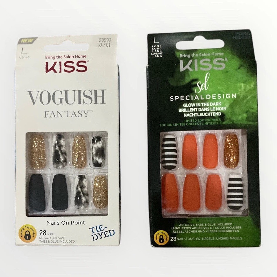 Kiss Press On Nails Long Coffin Glitter Glow Tie Dye Fake Nails Set 2 Pack