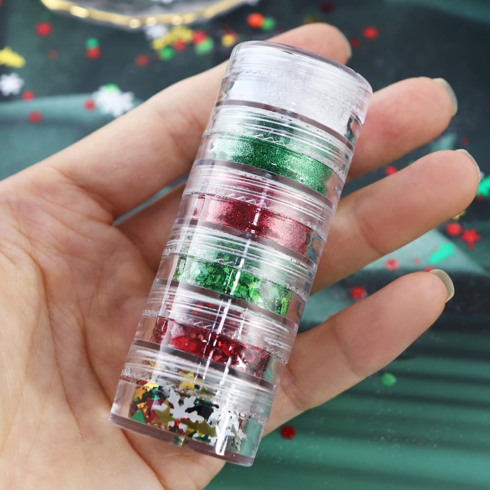 LPOODDNU Winter Nail Art Decorations: Flakes 3D christmas red green glitters