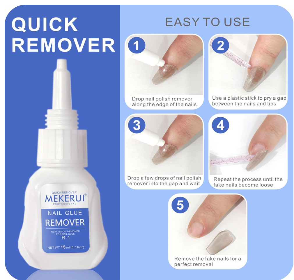 Super Strong Nail Glue Gel & Quick Remover Kit–10+ Day Hold, No UV, Easy Removal